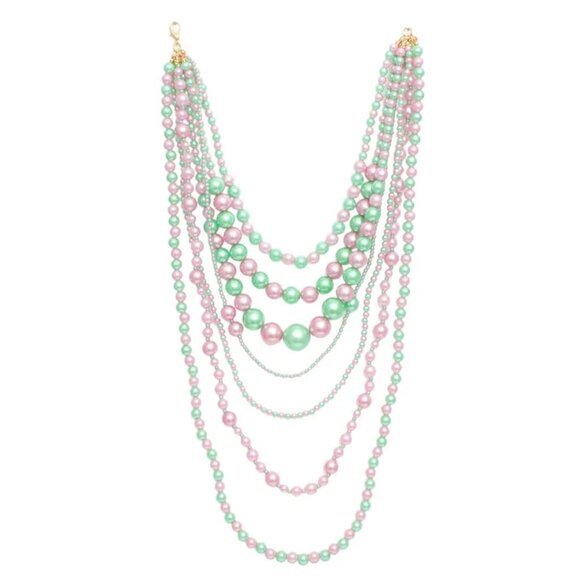 AKA Sorority Pink Green 7 Strand Pearl Necklace Set - Picture 5 of 7